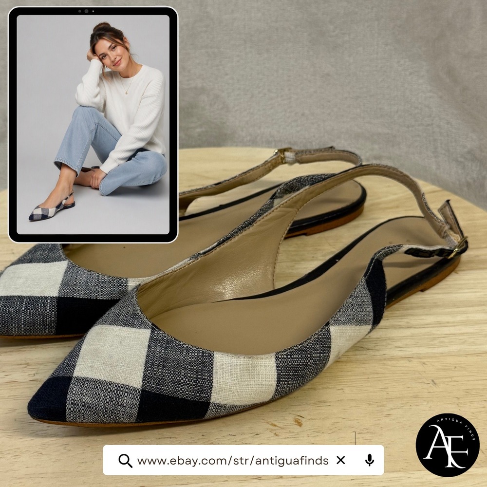 Ann Taylor Navy Blue White Gingham Slingback Pointed Toe Flats Shoes 8M